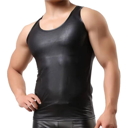 Mens Sexy PU Leather Tank Tops Sleeveless Erotic Shaping Sheath Stretch Shirts Soft Latex Bodycon Patent Leather T-Shirts Sexi