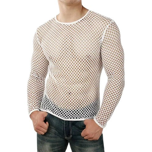 2024 Men T Shirt Mesh Transparent O-Neck Long Sleeve T-Shirts Sexy Streetwear Fashion Party Nightclub Men Clothing S-5XL