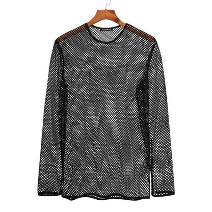 2024 Men T Shirt Mesh Transparent O-Neck Long Sleeve T-Shirts Sexy Streetwear Fashion Party Nightclub Men Clothing S-5XL