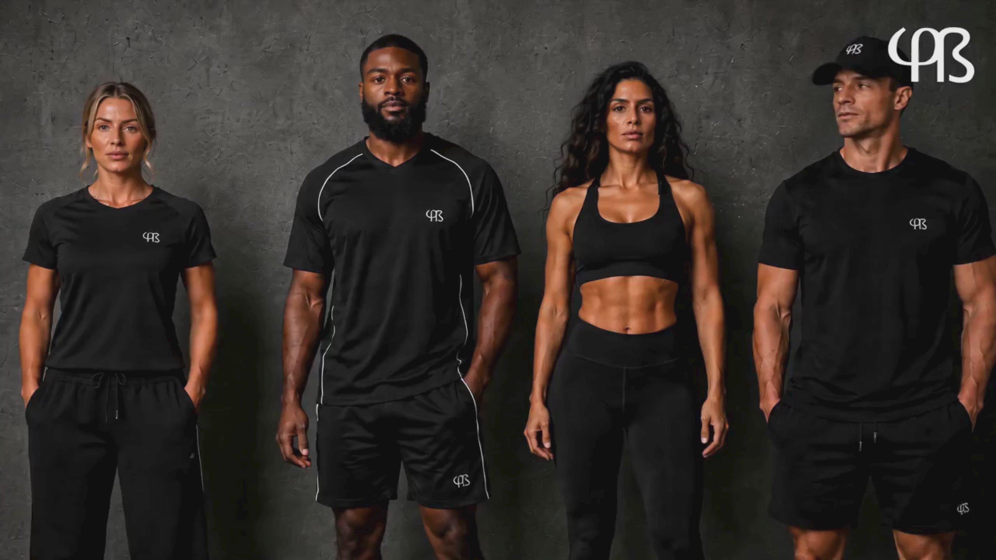 Video laden: Four fitness models wearing black Masculogue® sportswear perform subtle natural movements in a professional studio with a dark concrete background. The video showcases premium gym apparel including women's sport shirts, leggings, men's performance shirts, shorts and joggers in an authentic UGC fitness photoshoot with dynamic lighting and soft wind effects.