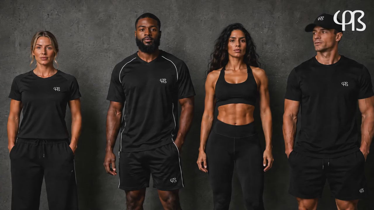 Video laden: Four fitness models wearing black Masculogue® sportswear perform subtle natural movements in a professional studio with a dark concrete background. The video showcases premium gym apparel including women's sport shirts, leggings, men's performance shirts, shorts and joggers in an authentic UGC fitness photoshoot with dynamic lighting and soft wind effects.
